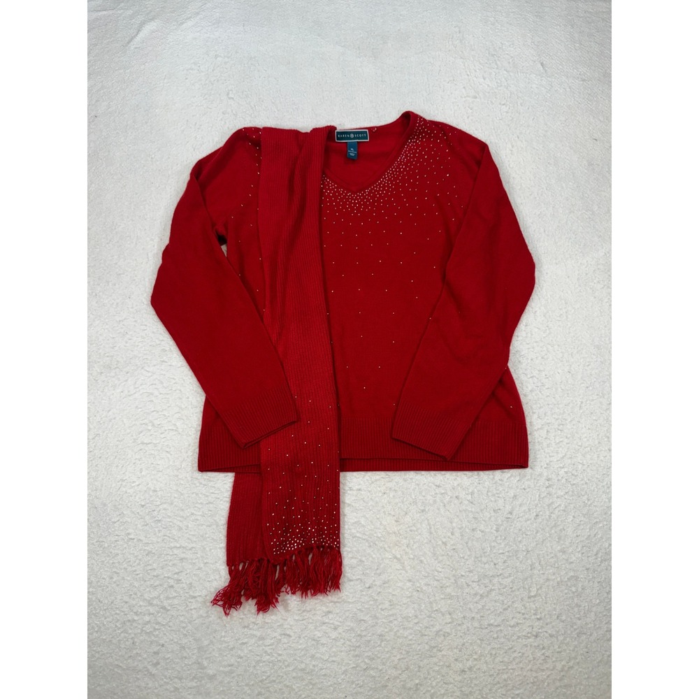 Karen Scott Red Rhinestone V-Neck Sweater and Scarf Set XL Holiday Sparkle